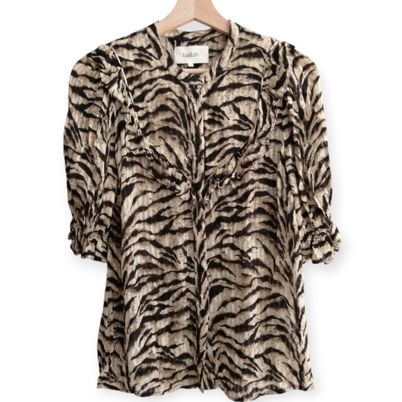 Ba&sh Tiger Print Ruffle Accent Button Up Blouse with Half Sleeves Ba&Sh 0 XS - Picture 1 of 17
